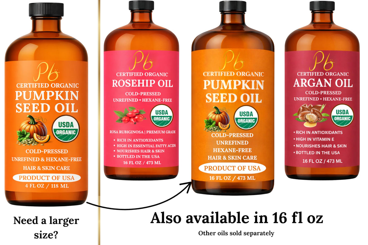 Pomberries Pumpkin Seed Oil displayed with fresh pumpkins