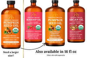 Pomberries Pumpkin Seed Oil displayed with fresh pumpkins