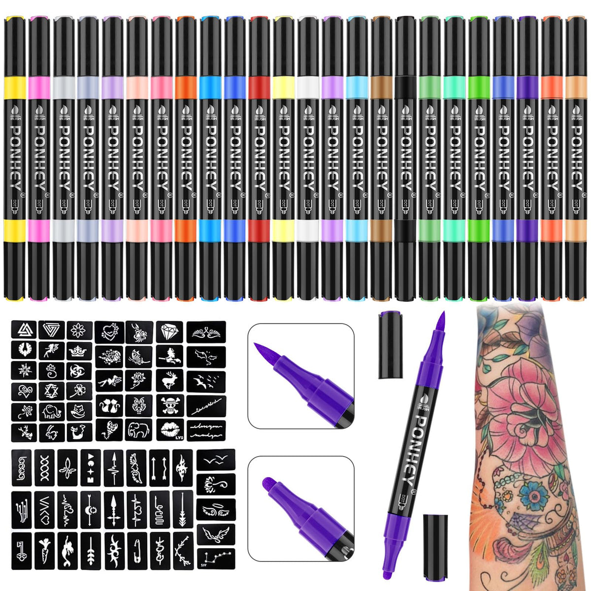 Ponhey Temporary Tattoo Markers Set with 24 colours and stencils