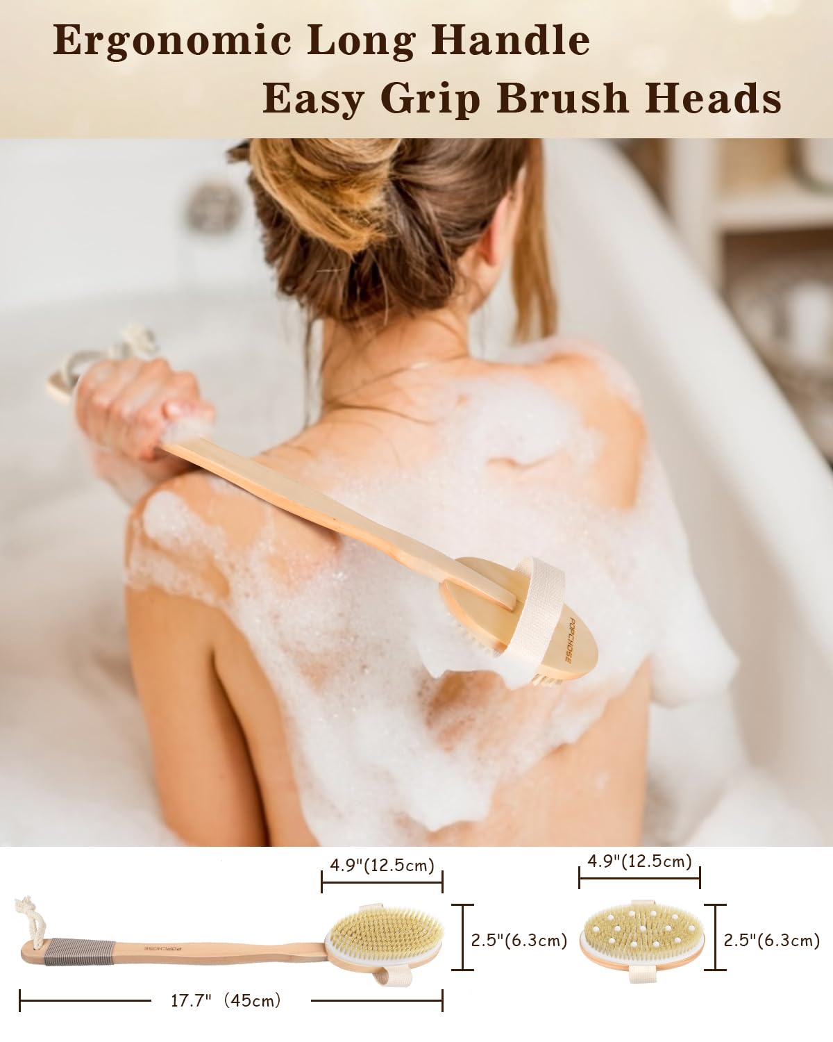POPCHOSE Dry Brushing Body Brush back scrubber in use