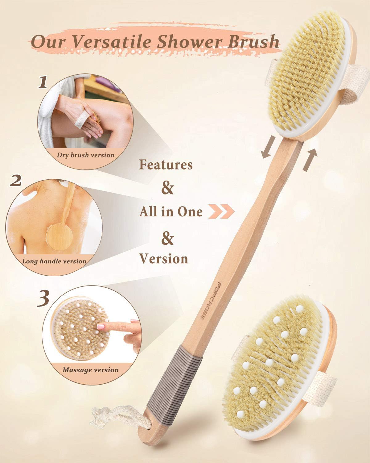POPCHOSE Dry Brushing Body Brush with cylindrical gel massage head