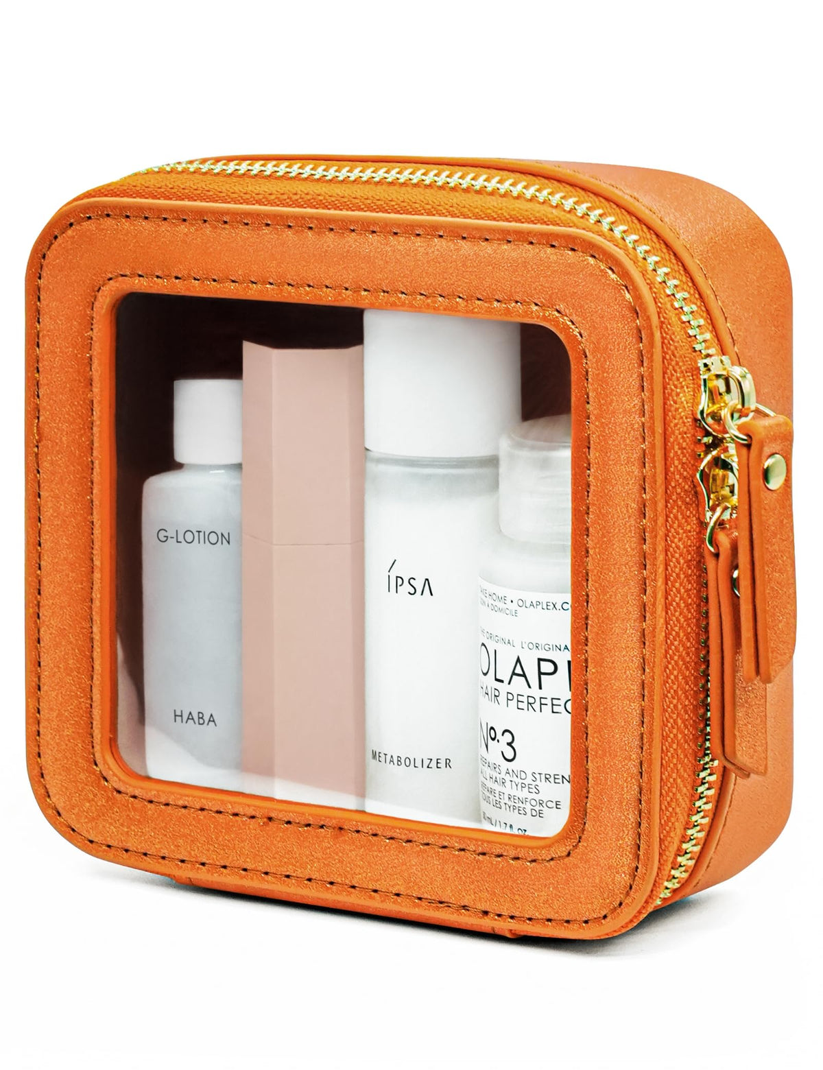 Popvibe Clear Makeup Bag front view with orange faux leather