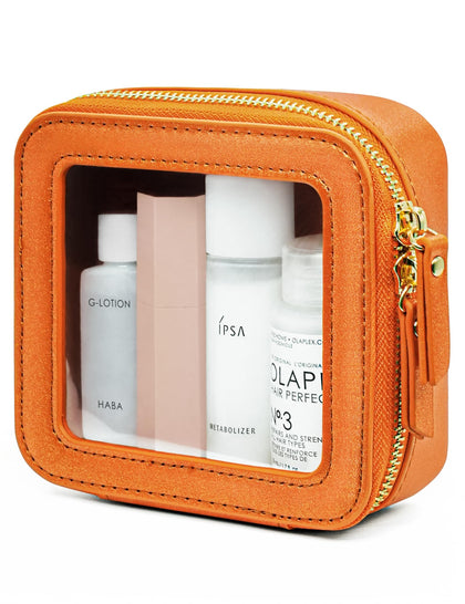 Popvibe Clear Makeup Bag front view with orange faux leather