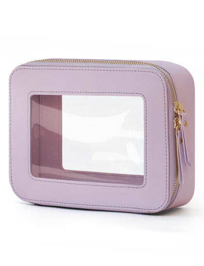 Popvibe Clear Makeup Bag front view with zipper in purple