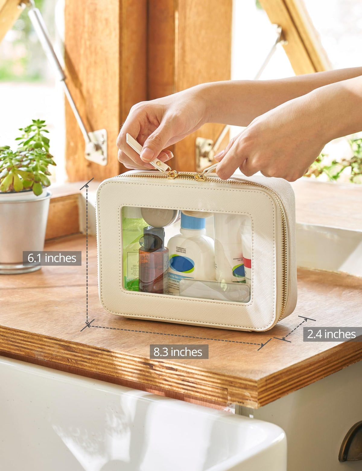 Popvibe Clear Makeup Bag open showing organized makeup