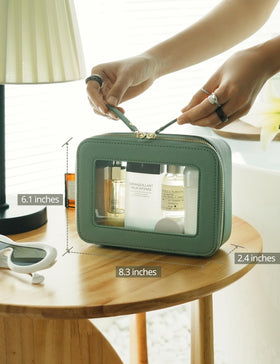 Popvibe Clear Makeup Bag sage green interior view with makeup items