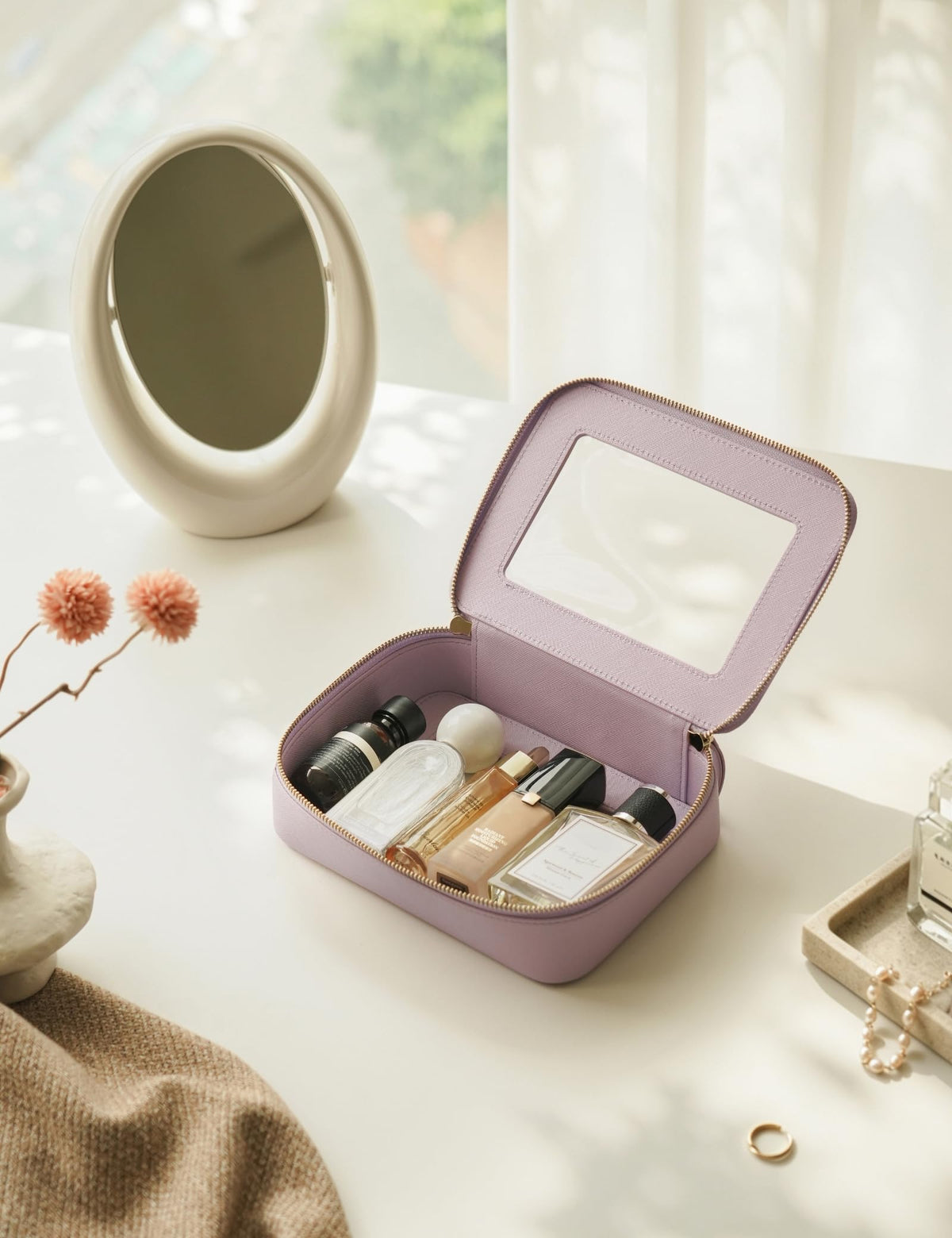 Popvibe Clear Makeup Bag Set arranged for travel