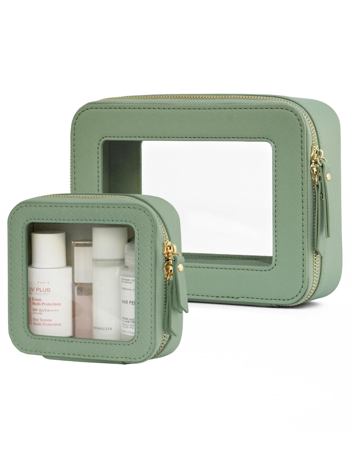 Popvibe Clear Makeup Bag Set in sage green, mini and medium sizes