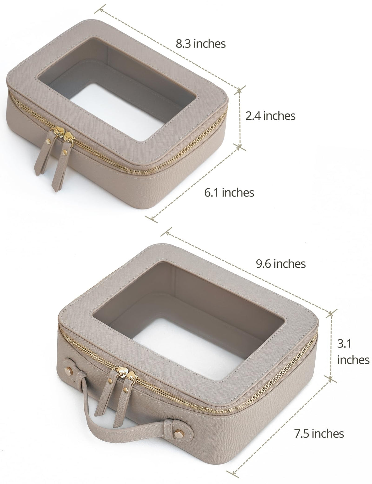 Popvibe Clear Makeup Bag Set showing zipper and saffiano leather texture