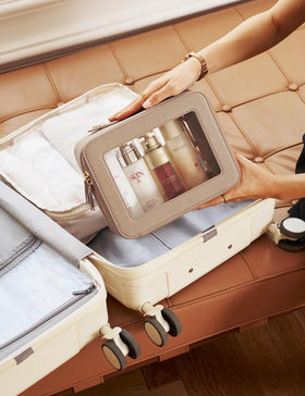Popvibe Clear Makeup Bag set with beauty products inside