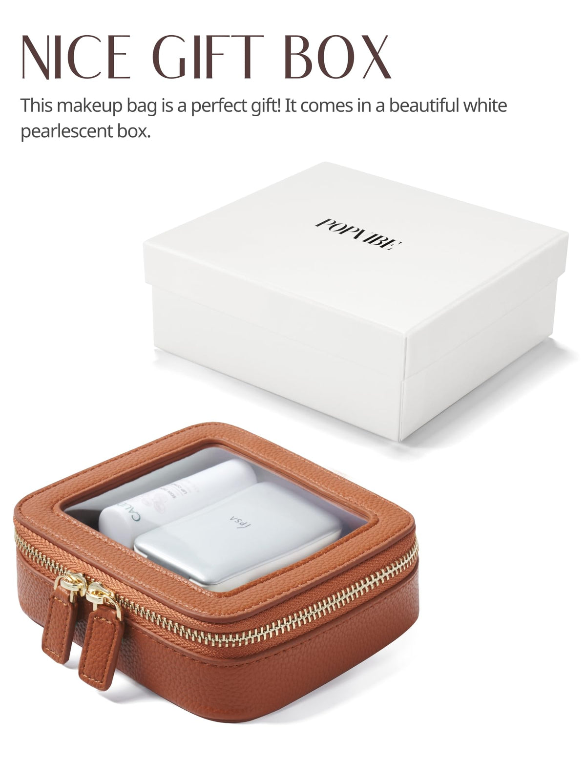 Popvibe Clear Makeup Bag with makeup items inside