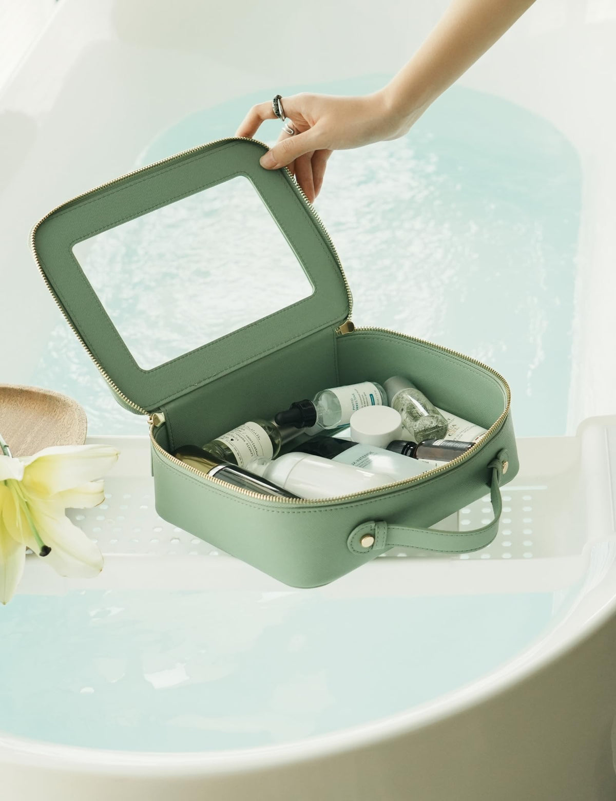 Popvibe Clear Makeup Bag with various beauty products inside