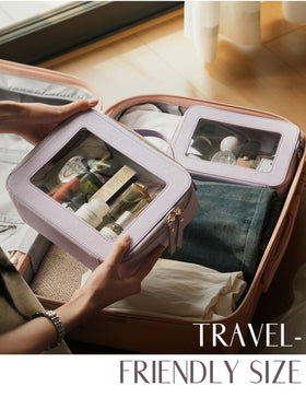 Popvibe Clear Makeup Bag with various cosmetics inside