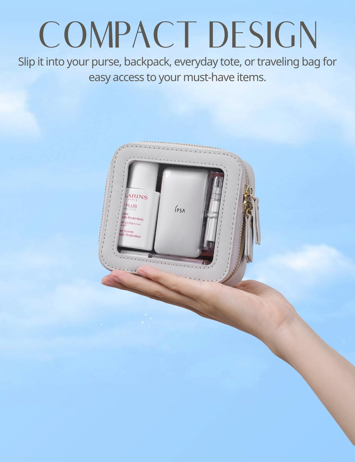 Popvibe Clear Makeup Case next to tech accessories