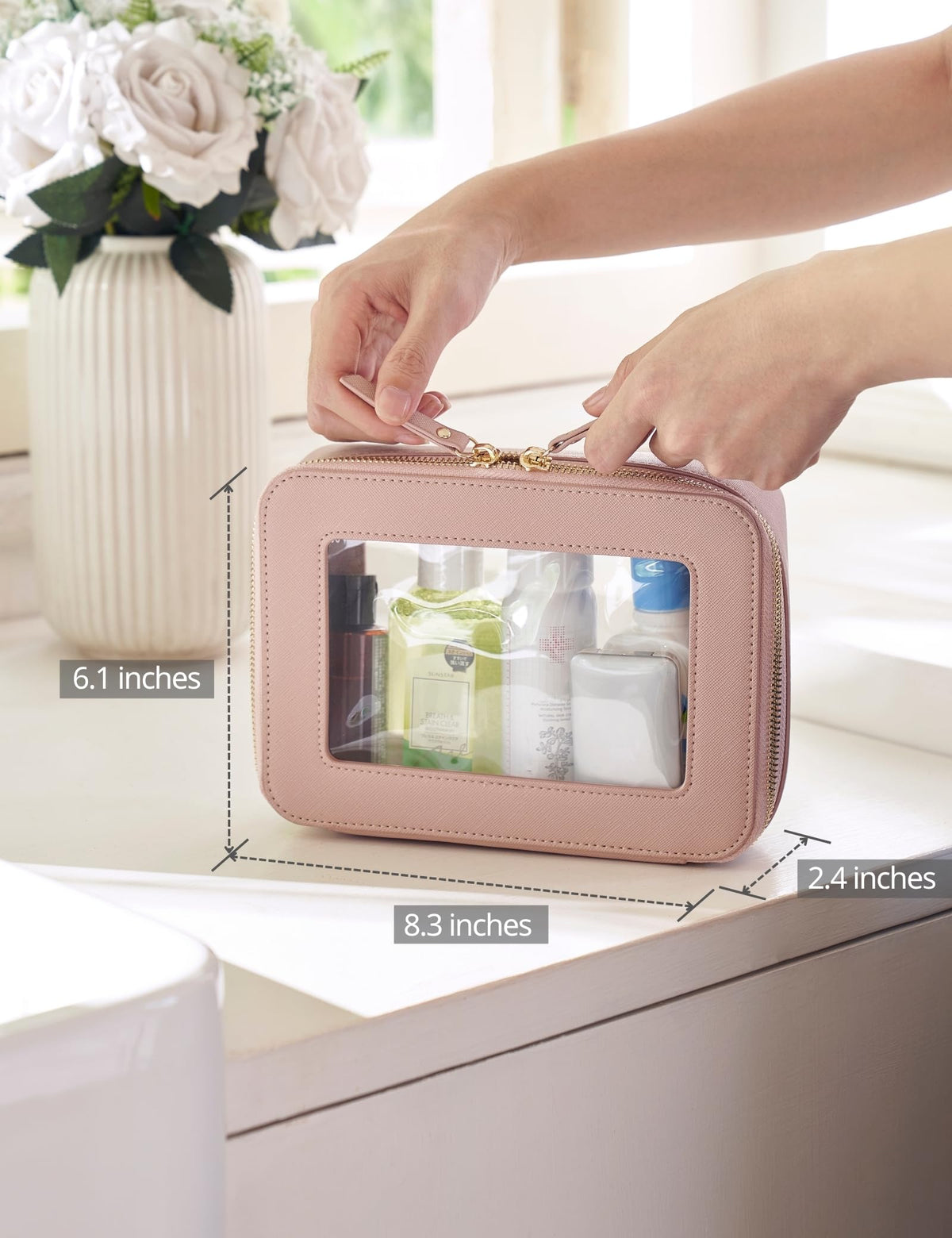 Popvibe Clear Makeup Case open with makeup items inside