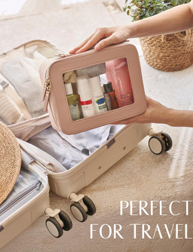 Popvibe Clear Makeup Case Set on travel suitcase