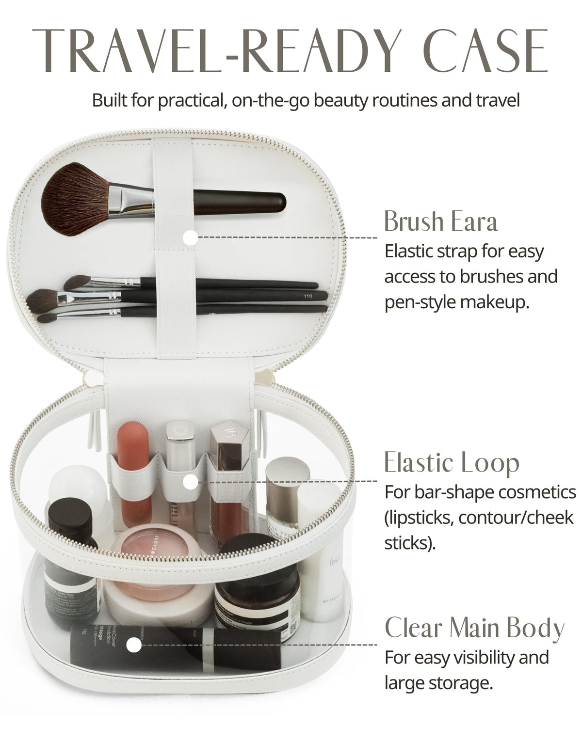 Popvibe Clear Makeup Train Case open view displaying cosmetics