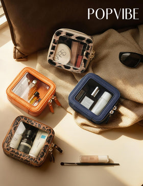 Popvibe Clear Mini Makeup Bag leopard print with makeup items