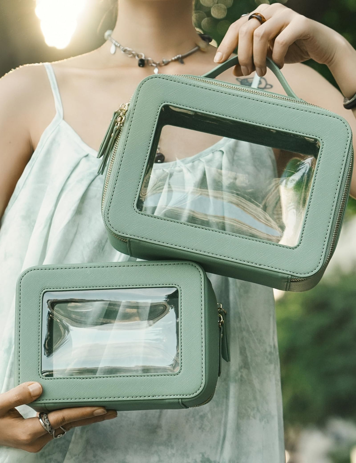 Popvibe Clear Toiletry Bag set on a travel suitcase
