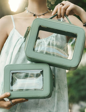 Popvibe Clear Toiletry Bag set on a travel suitcase