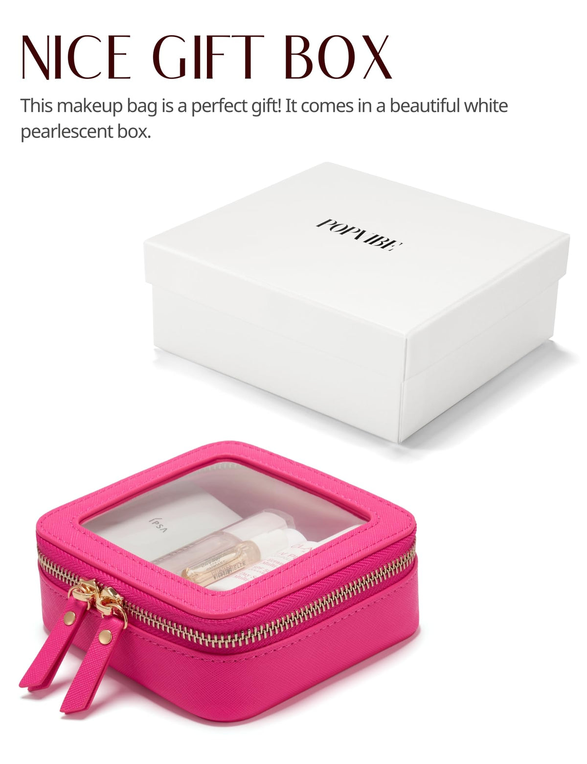 Popvibe Mini Makeup Bag dimensions displayed next to a phone