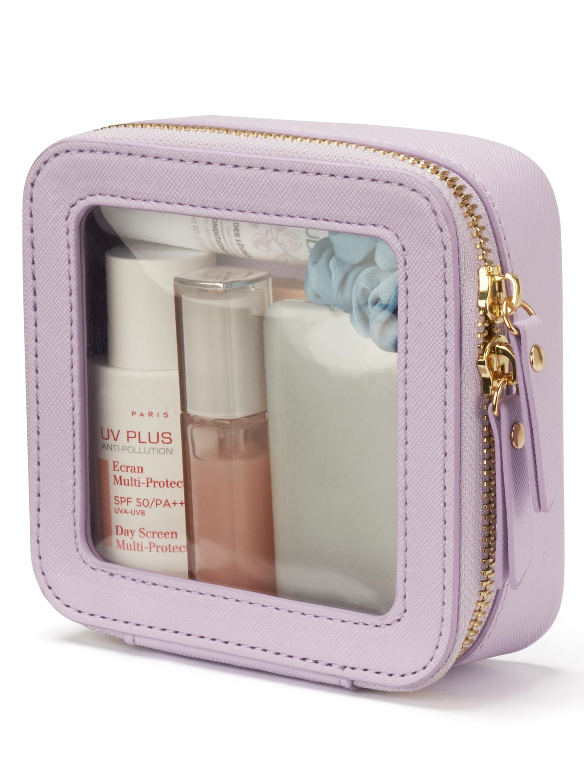 Popvibe Mini Makeup Bag purple front view with clear design