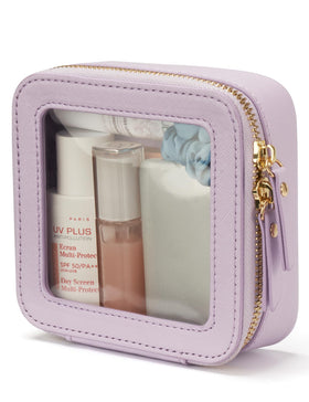 Popvibe Mini Makeup Bag purple front view with clear design