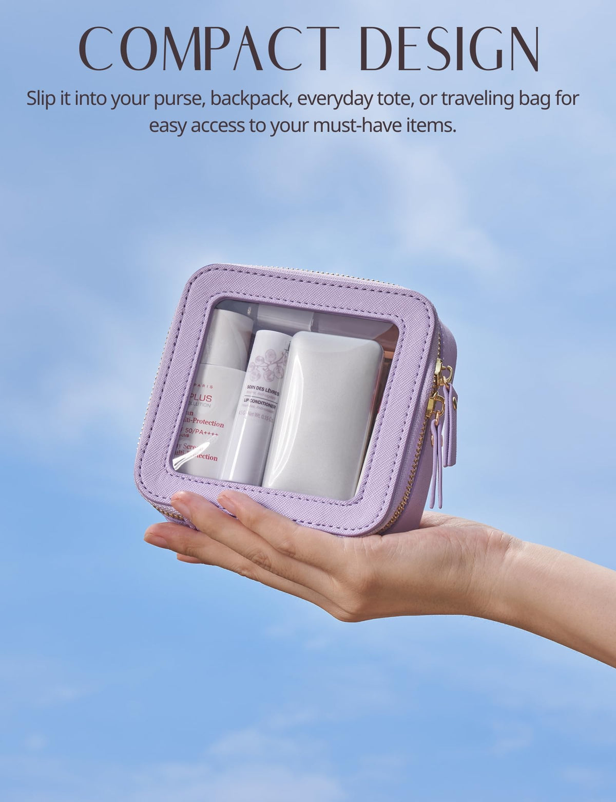 Popvibe Mini Makeup Bag purple with makeup items inside