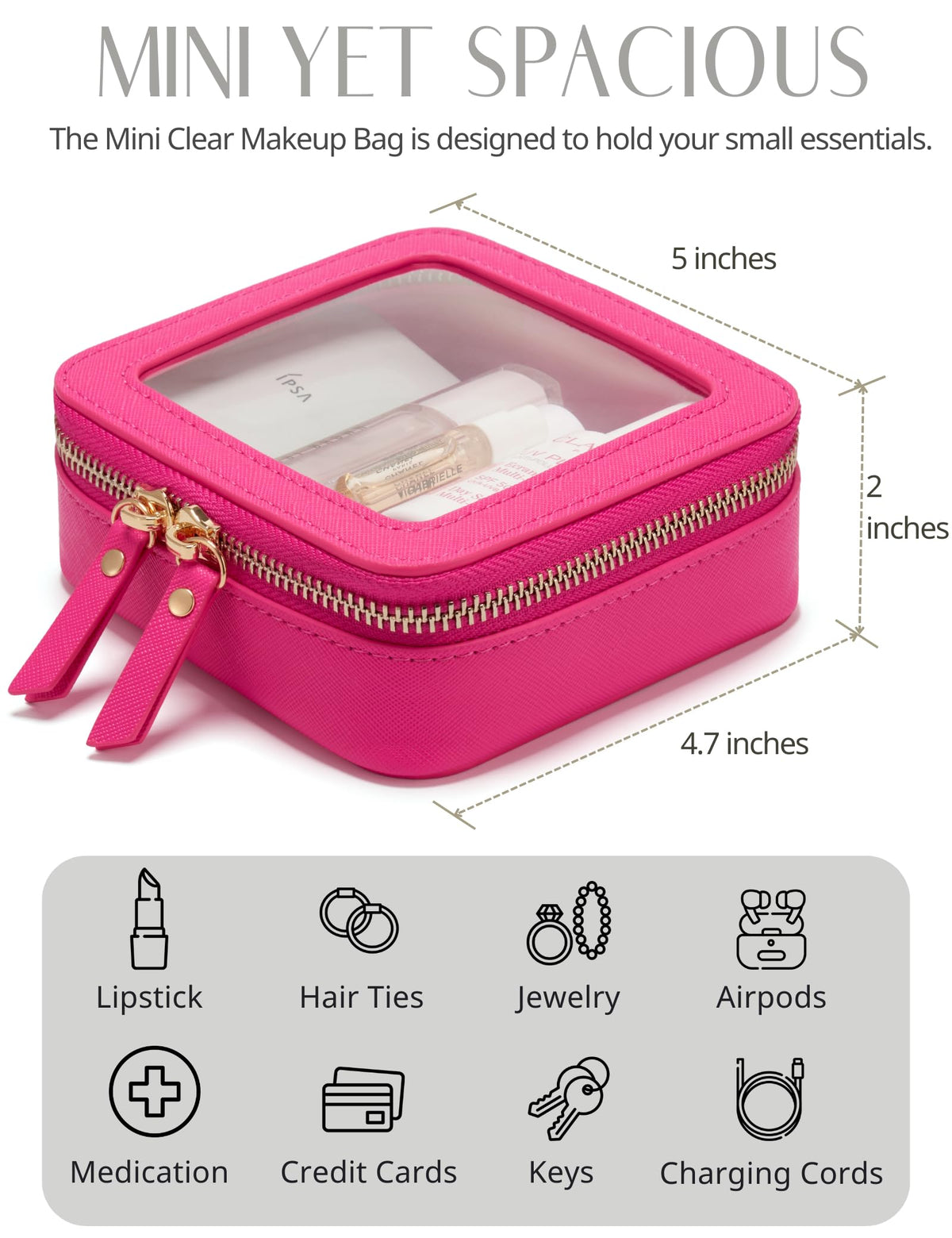 Popvibe Mini Makeup Bag side view with essentials inside