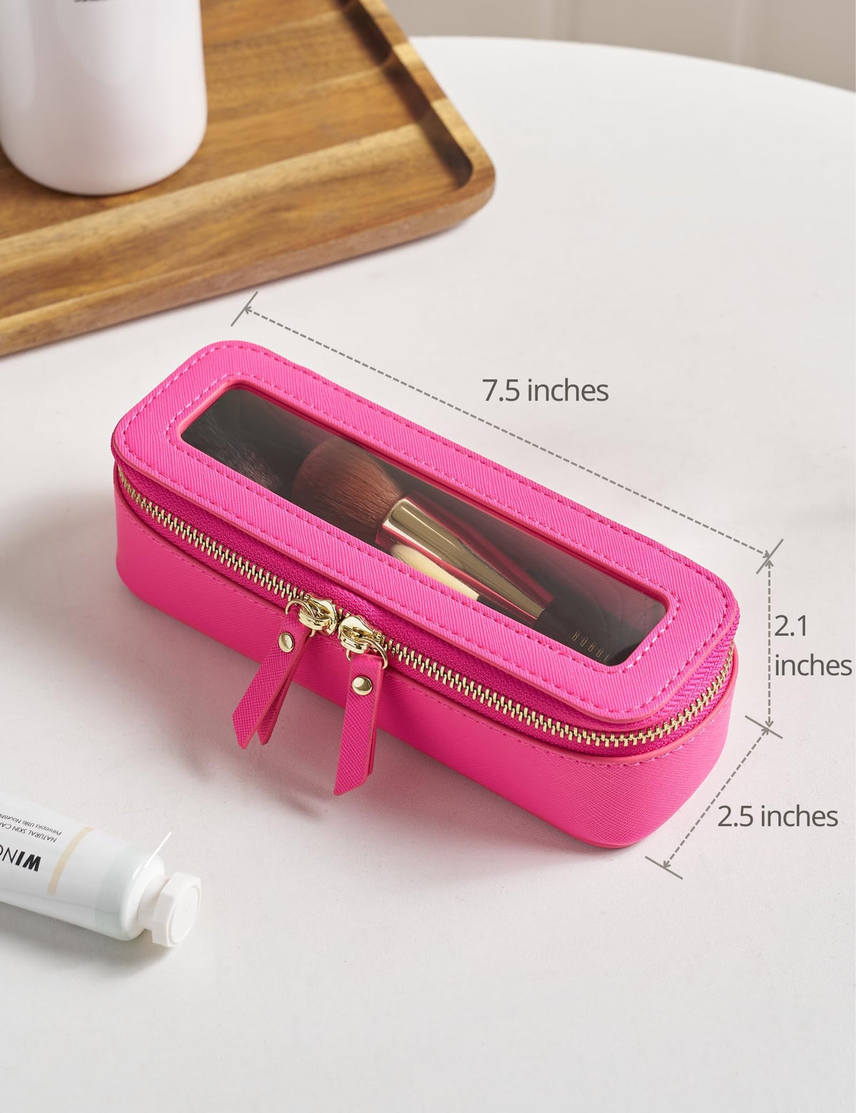Popvibe Slim Makeup Brush Bag lifestyle scene with cosmetics