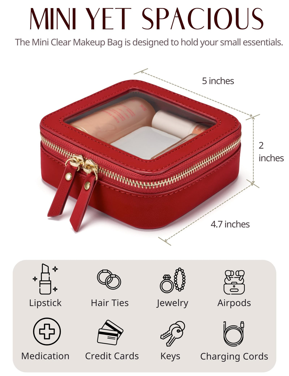 Popvibe Small Clear Makeup Bag displayed with cosmetics