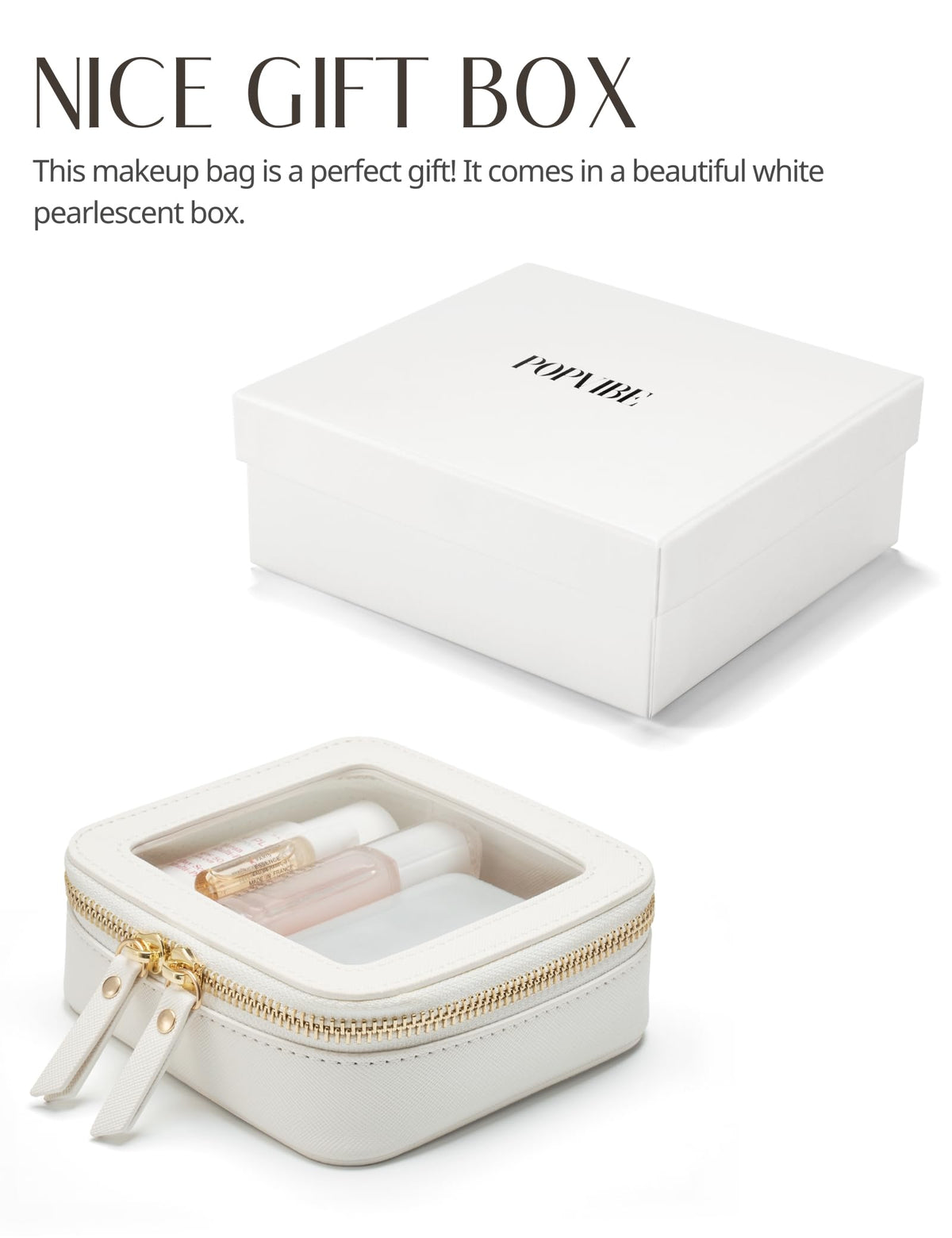 Popvibe Small Clear Makeup Bag on a bathroom counter