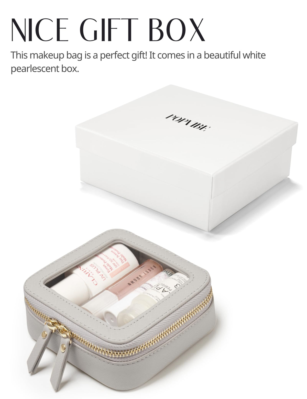 Popvibe Small Cosmetic Bag with various small items like jewelry