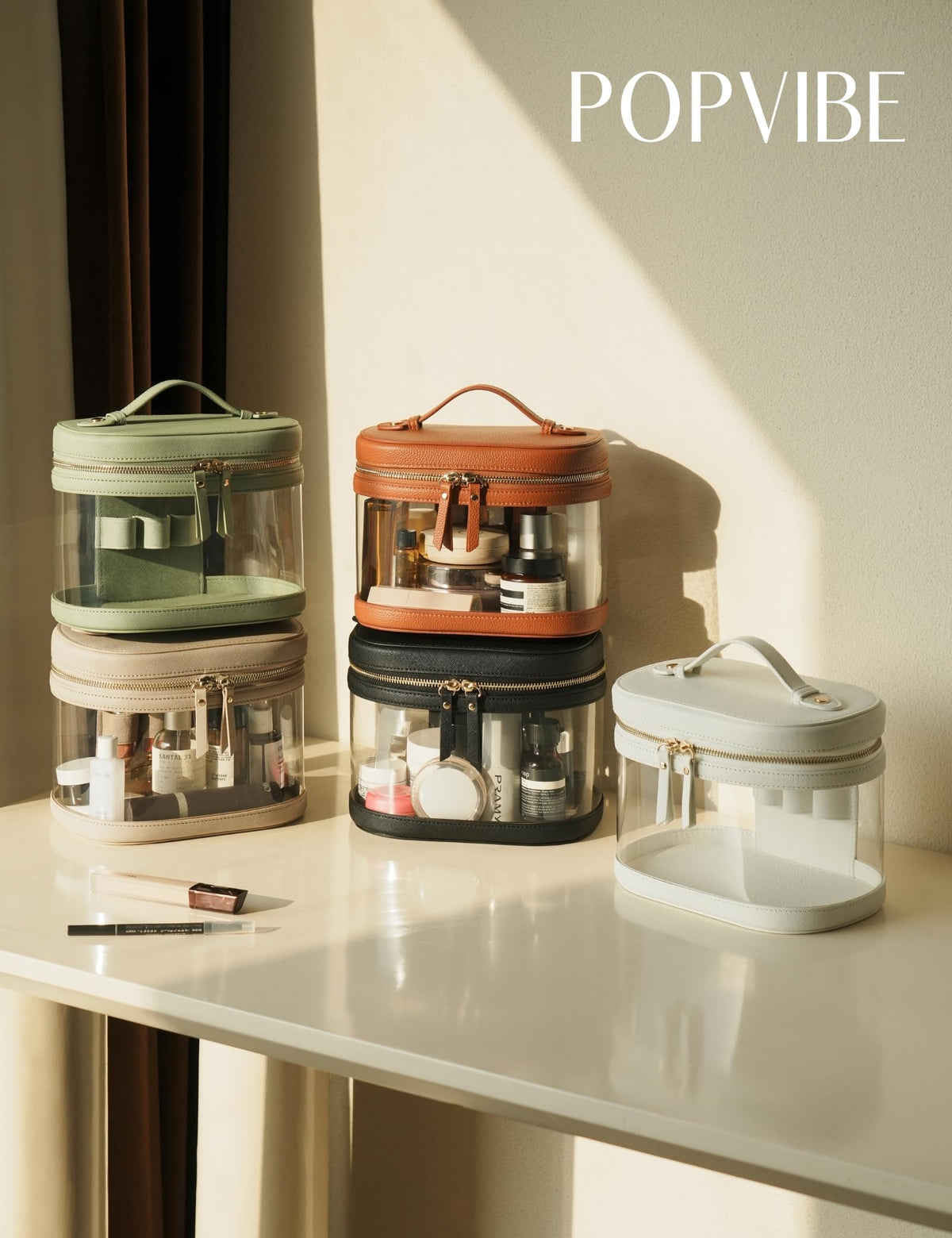 Popvibe Travel Makeup Bag black displayed on a vanity table