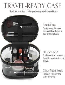 Popvibe Travel Makeup Bag black with brush storage and top handle