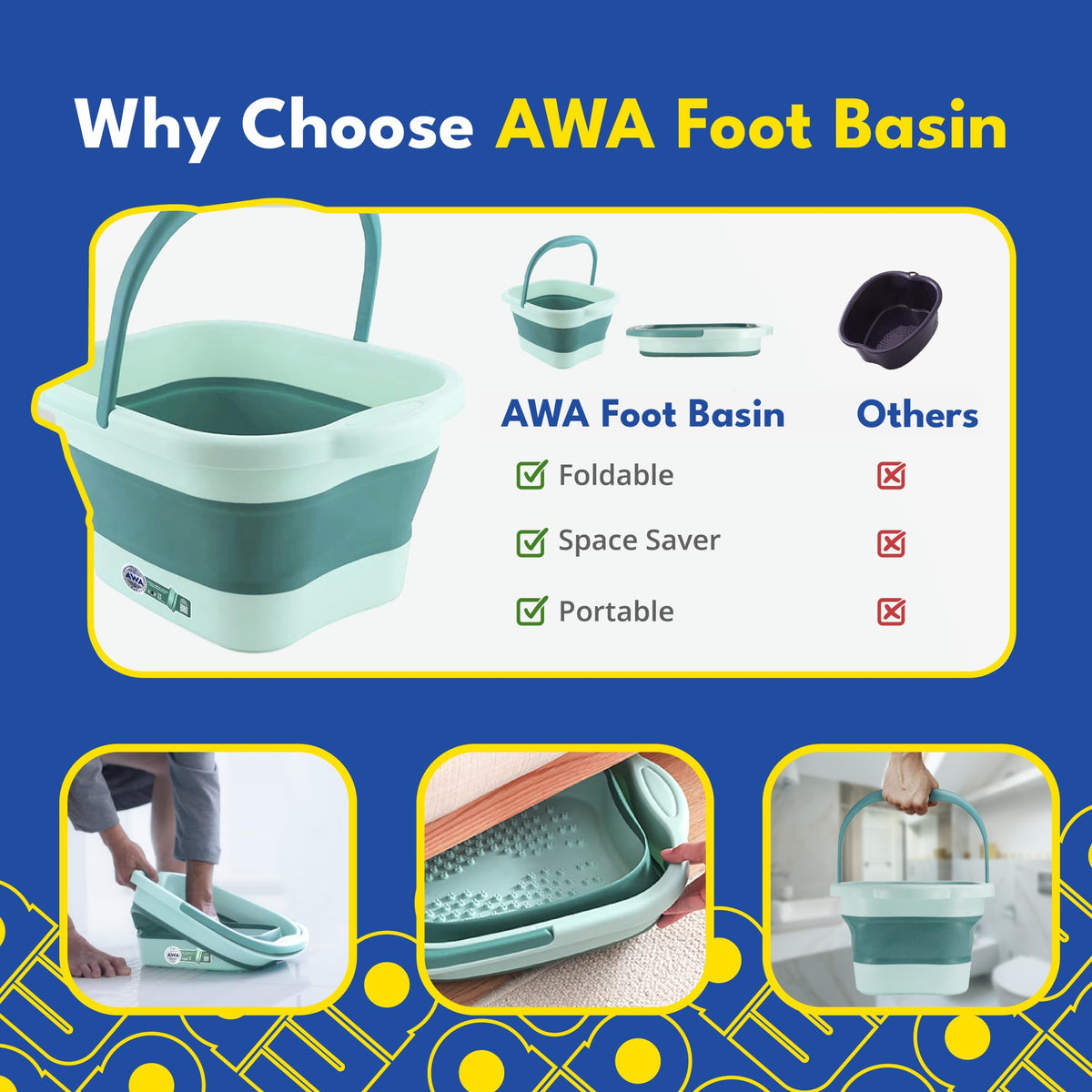 Portable foot soaking tub in a compact storage position