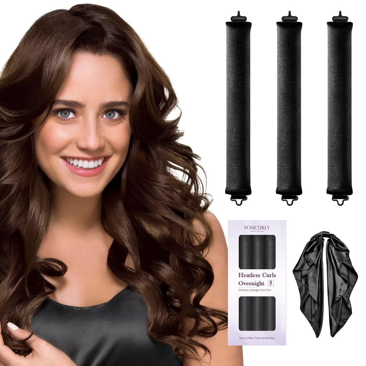 posicurly Heatless Hair Curler set with satin scarf front view
