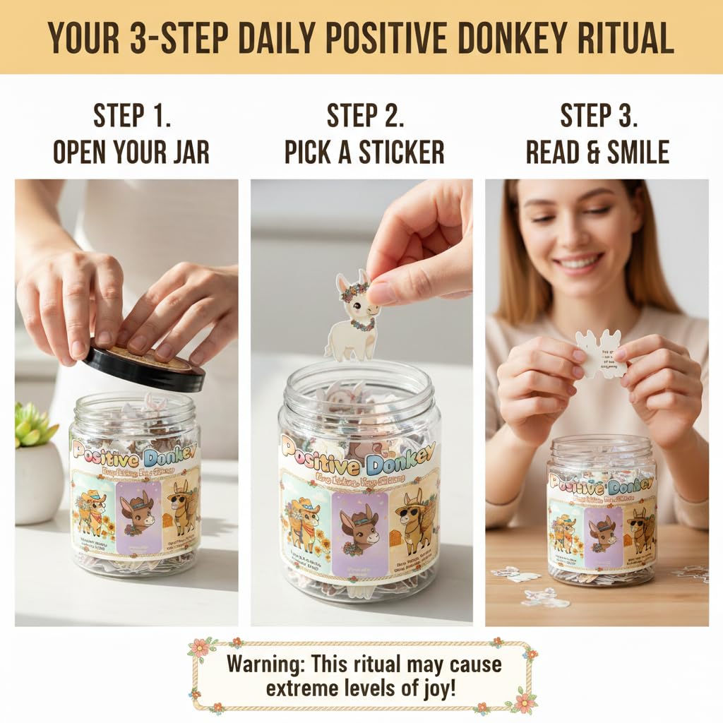 Positive Donkey Jar with an affirmation card displayed next to it