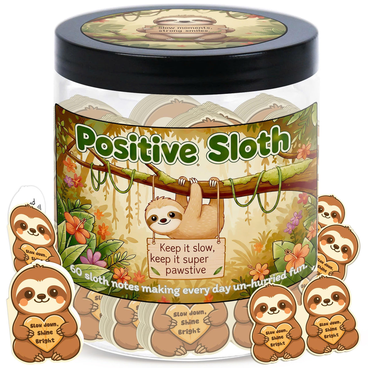 Positive Sloth Jar front view with affirmation cards