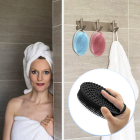 PQRUU Silicone Body Scrubber being used in a shower