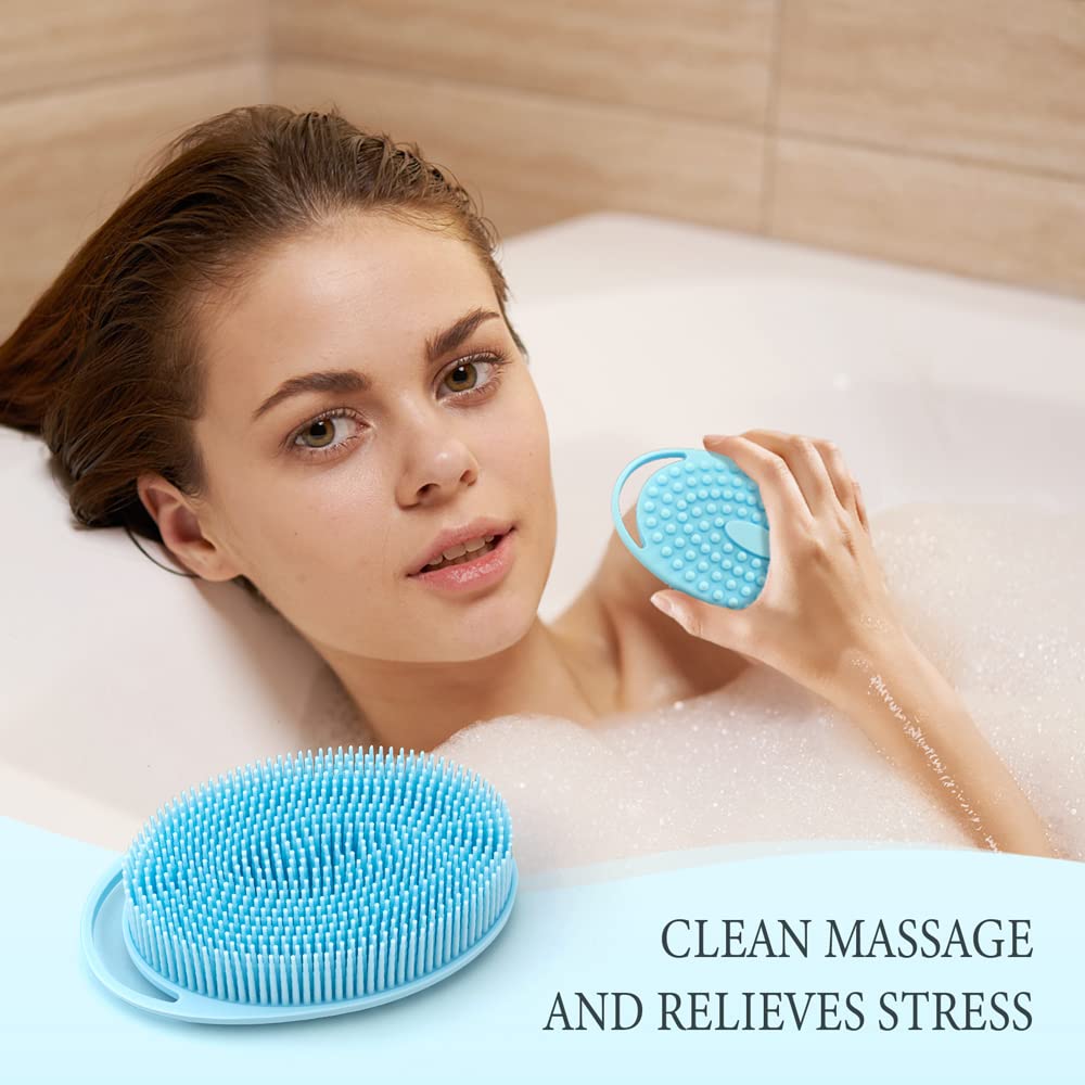 PQRUU Silicone Body Scrubber compact size in a toiletry bag