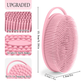 PQRUU Silicone Body Scrubber hanging to dry in a bathroom