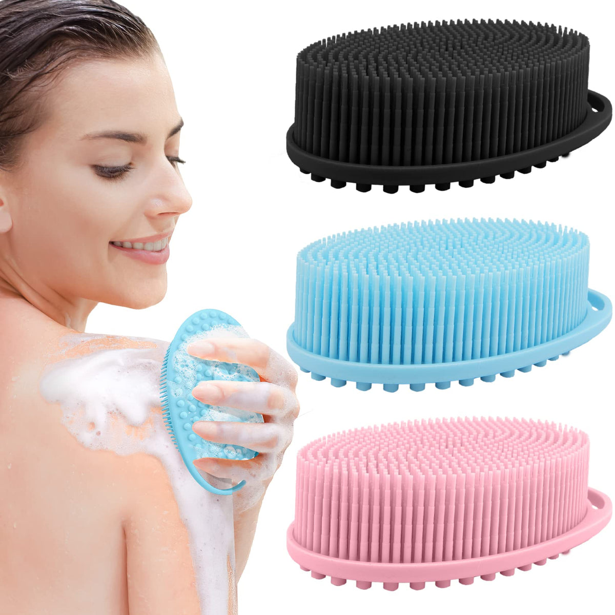 PQRUU Silicone Body Scrubber pack in pink, black, and blue