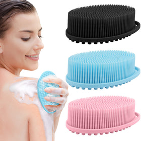 PQRUU Silicone Body Scrubber pack in pink, black, and blue