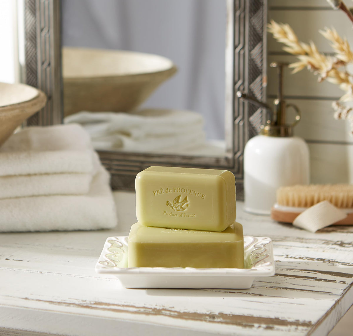 Pre de Provence Artisanal Soap Bar Green Tea lathering on skin