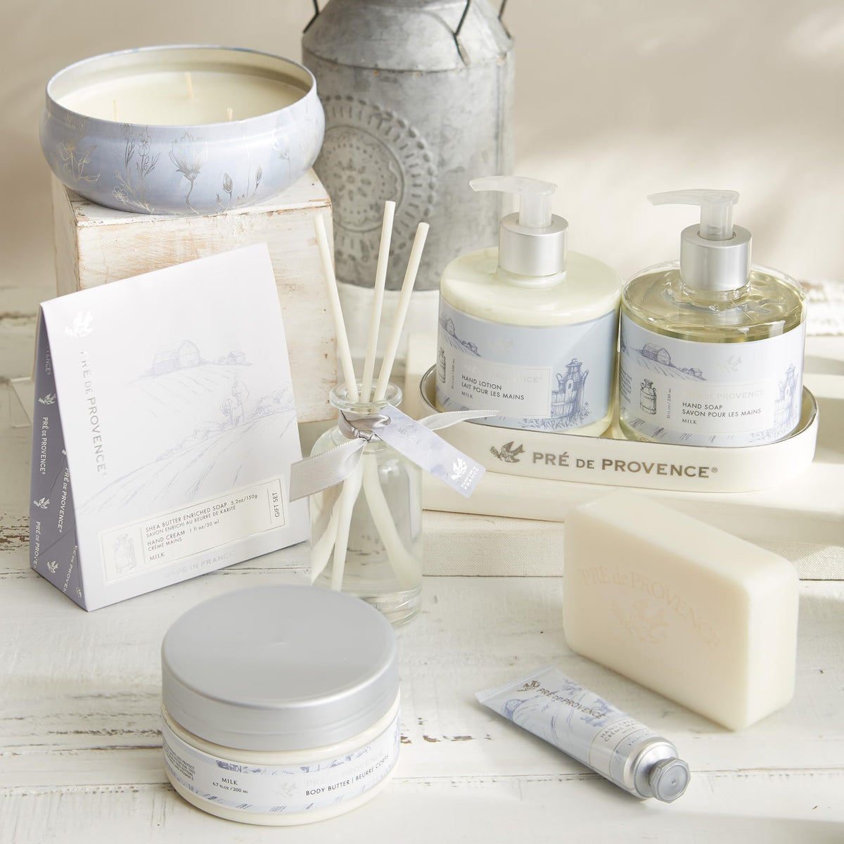 Pre de Provence Artisanal Soap Bar Milk Scent beside sink