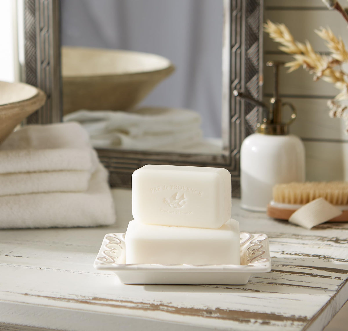 Pre de Provence Artisanal Soap Bar Milk Scent in bathroom setting