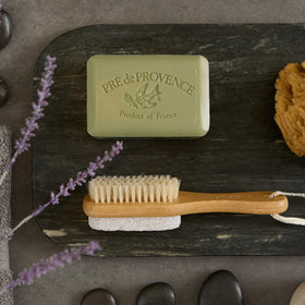 Pre de Provence Artisanal Soap Bar on a wooden soap dish