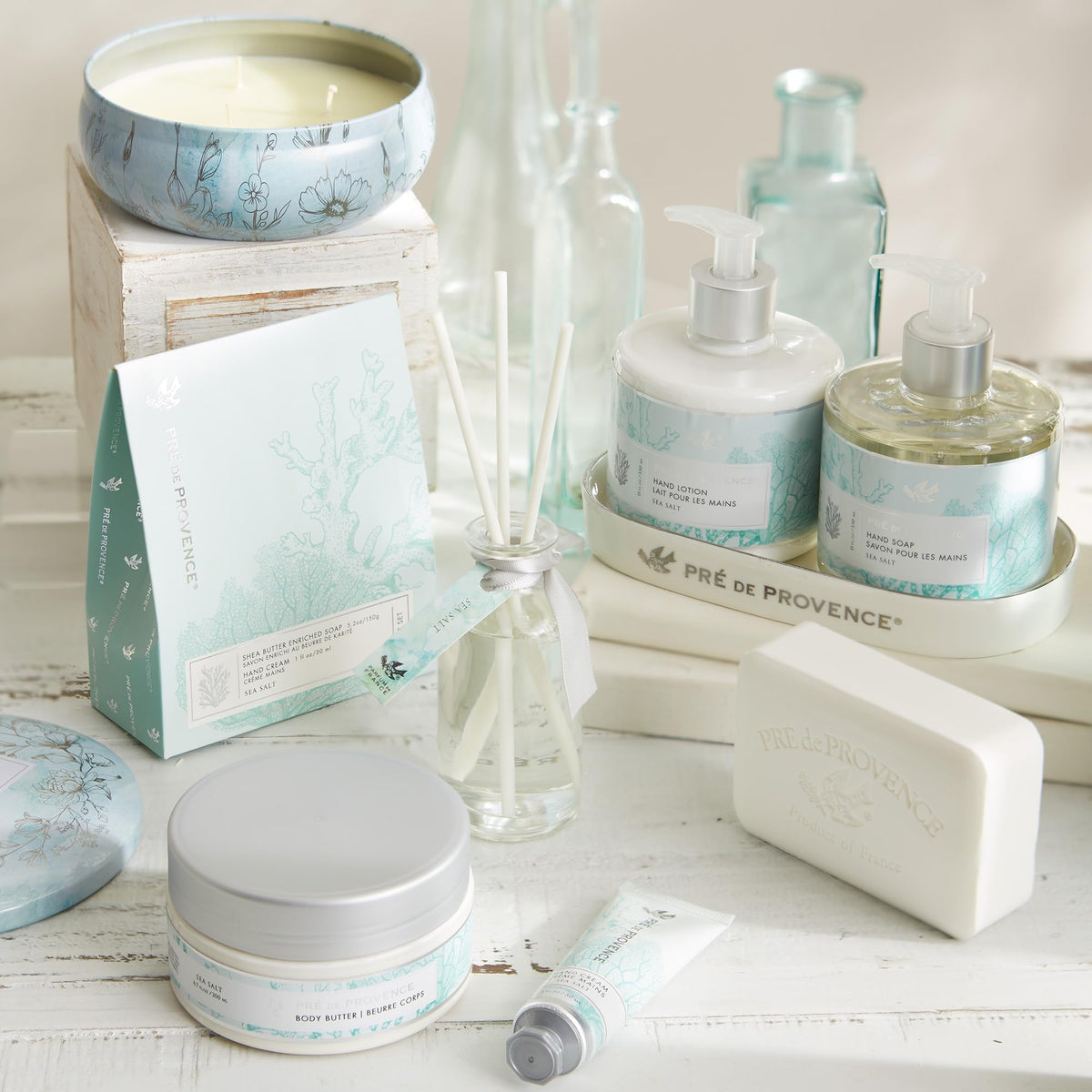 Pre de Provence Artisanal Soap Bar Sea Salt displayed in a bathroom