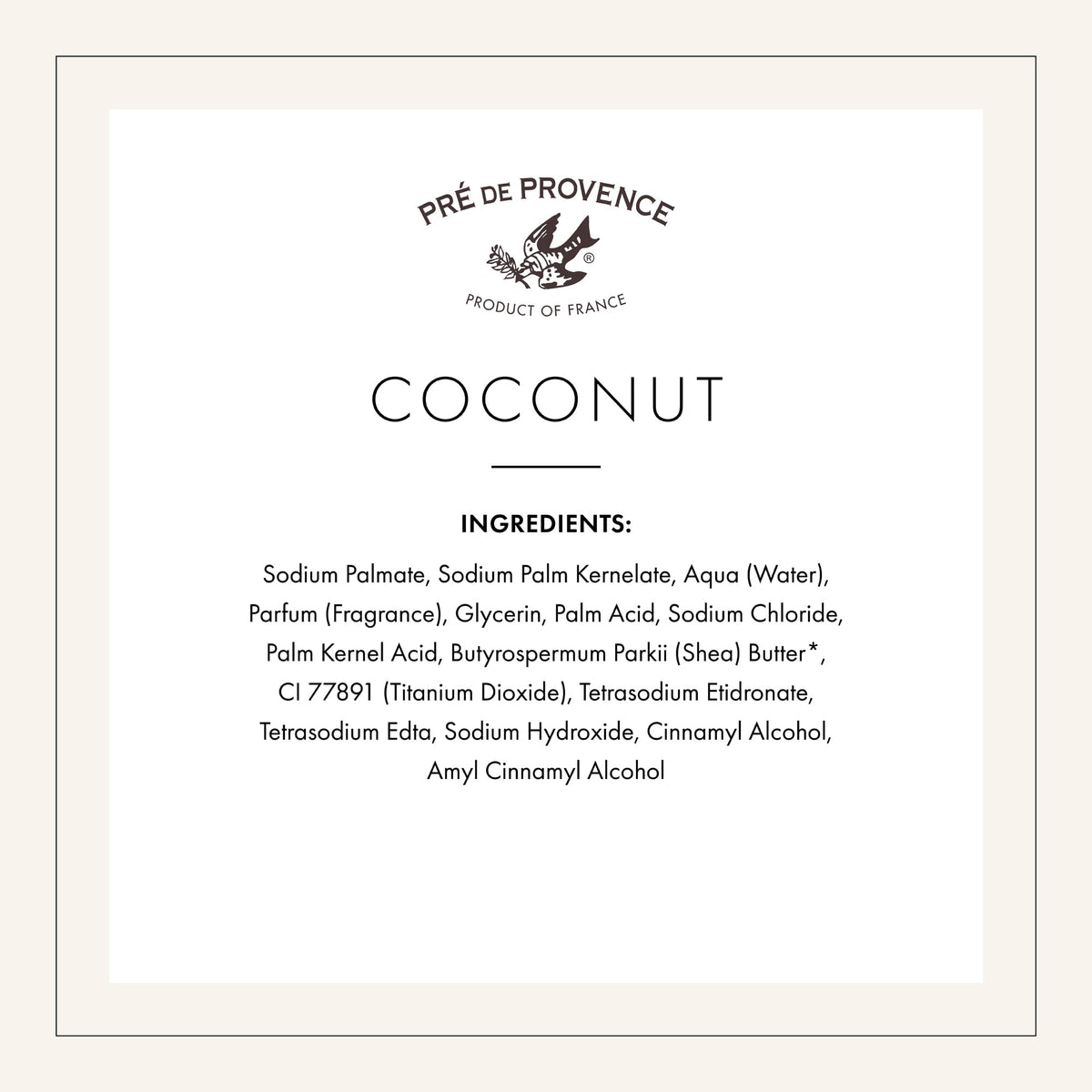Pre de Provence Coconut Soap Bar on a wooden surface